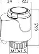 Thermischer Stellantrieb von IMI Hydronic Engineering, mit runder Oberseite, einer M30x1,5 Anschlussgewinde und weiteren technischen Details, dargestellt in einer technischen Zeichnung.